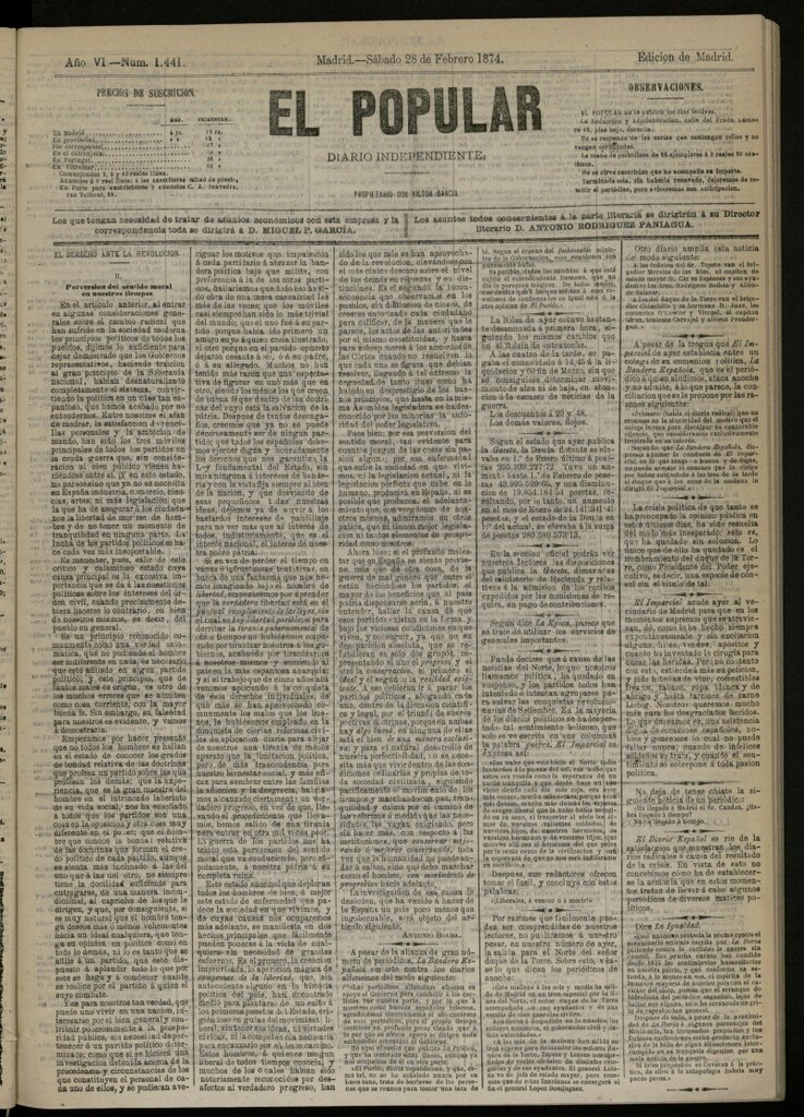 Miniatura de El Popular: diario independiente, político, literario y de noticias de interés general del 28 de febrero de 1874, nº 1441