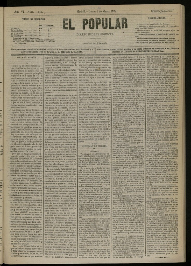 Miniatura de El Popular: diario independiente, político, literario y de noticias de interés general del 2 de marzo de 1874, nº 1442