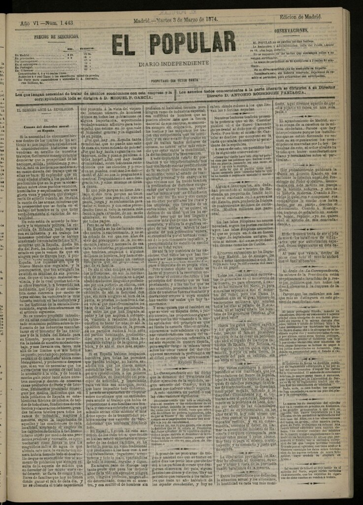 Miniatura de El Popular: diario independiente, político, literario y de noticias de interés general del 3 de marzo de 1874, nº 1443