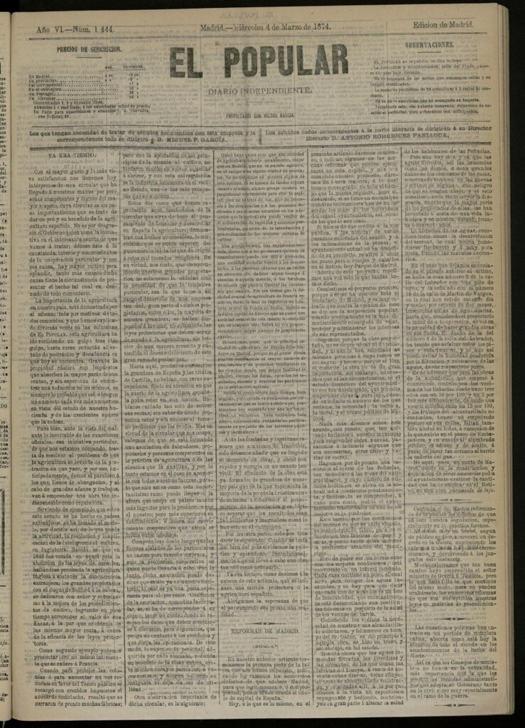 Miniatura de El Popular: diario independiente, político, literario y de noticias de interés general del 4 de marzo de 1874, nº 1444
