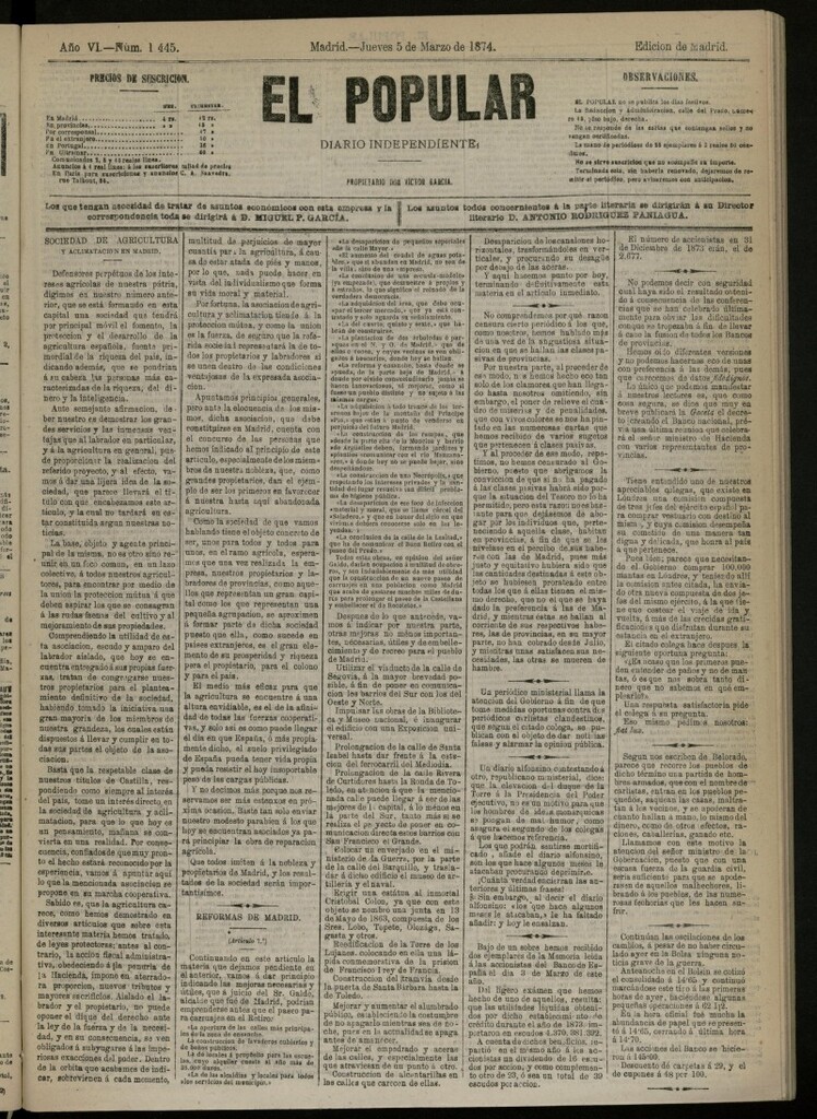 Miniatura de El Popular: diario independiente, político, literario y de noticias de interés general del 5 de marzo de 1874, nº 1445