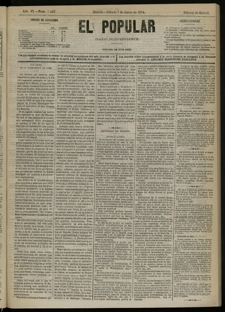 Miniatura de El Popular: diario independiente, político, literario y de noticias de interés general del 7 de marzo de 1874, nº 1447