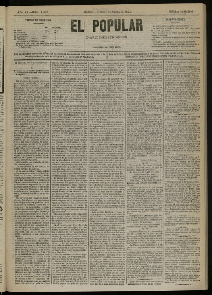 Miniatura de El Popular: diario independiente, político, literario y de noticias de interés general del 9 de marzo de 1874, nº 1448