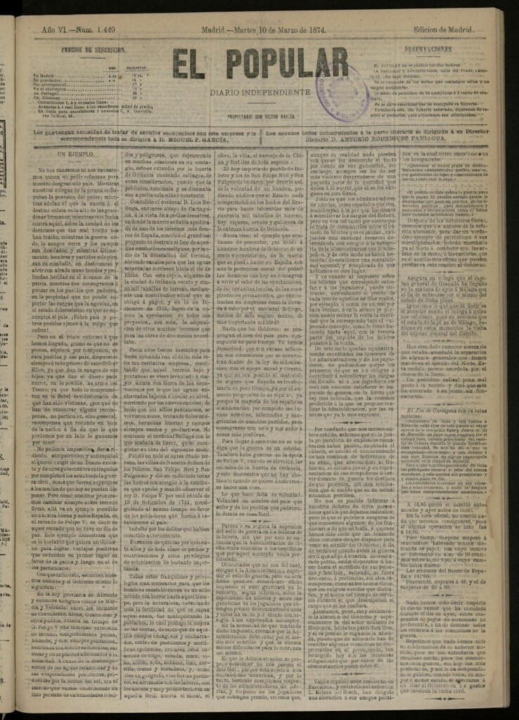 Miniatura de El Popular: diario independiente, político, literario y de noticias de interés general del 10 de marzo de 1874, nº 1449