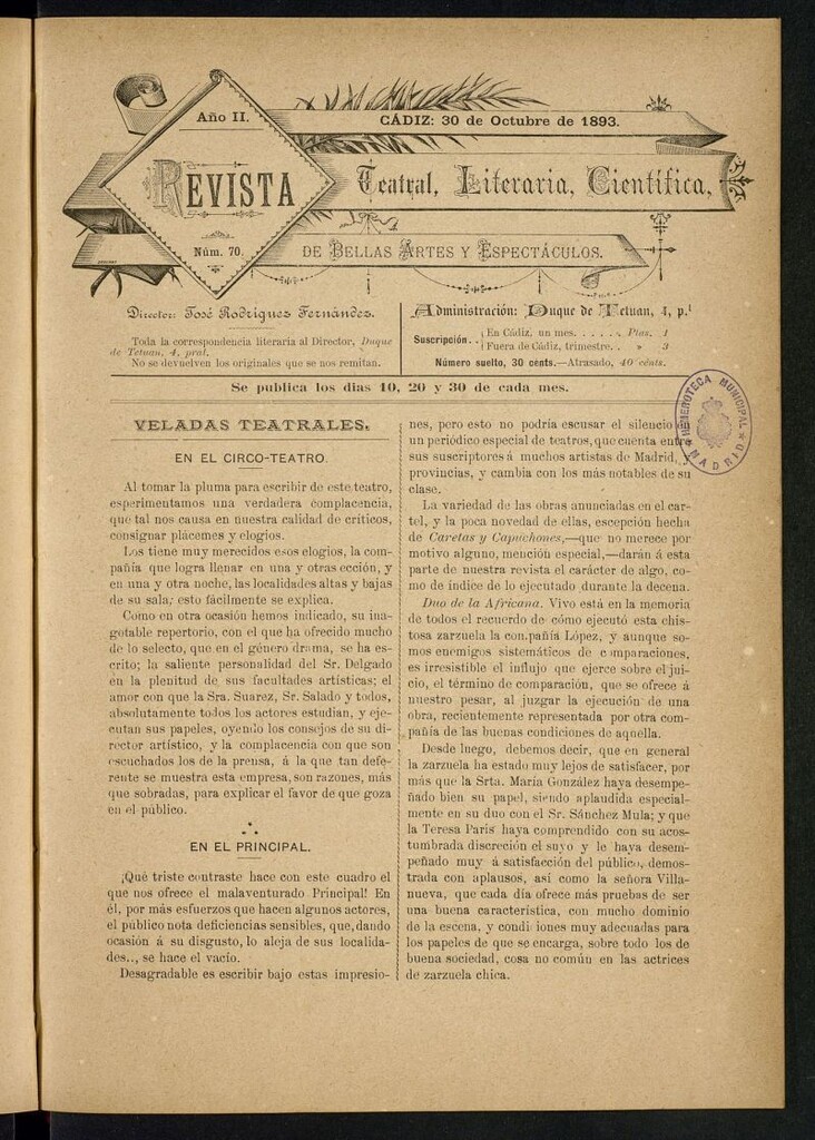 Miniatura de Revista Teatral, Literaria, Científica, de Bellas Artes y Espectáculos. Nº 70