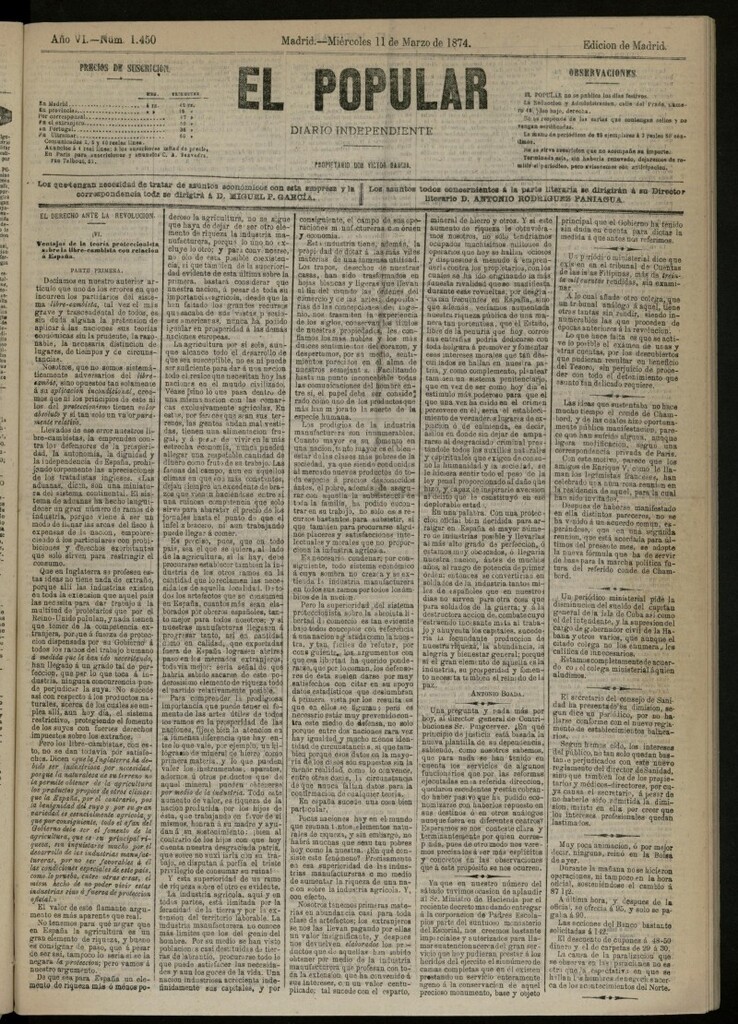 Miniatura de El Popular: diario independiente, político, literario y de noticias de interés general del 11 de marzo de 1874, nº 1450