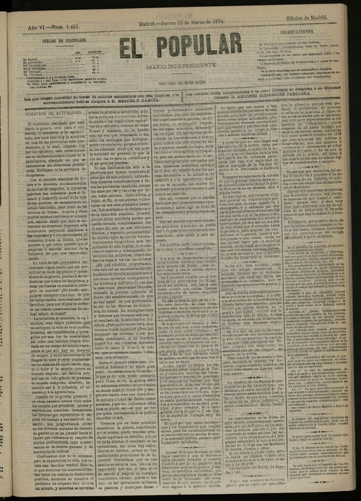 Miniatura de El Popular: diario independiente, político, literario y de noticias de interés general del 12 de marzo de 1874, nº 1451