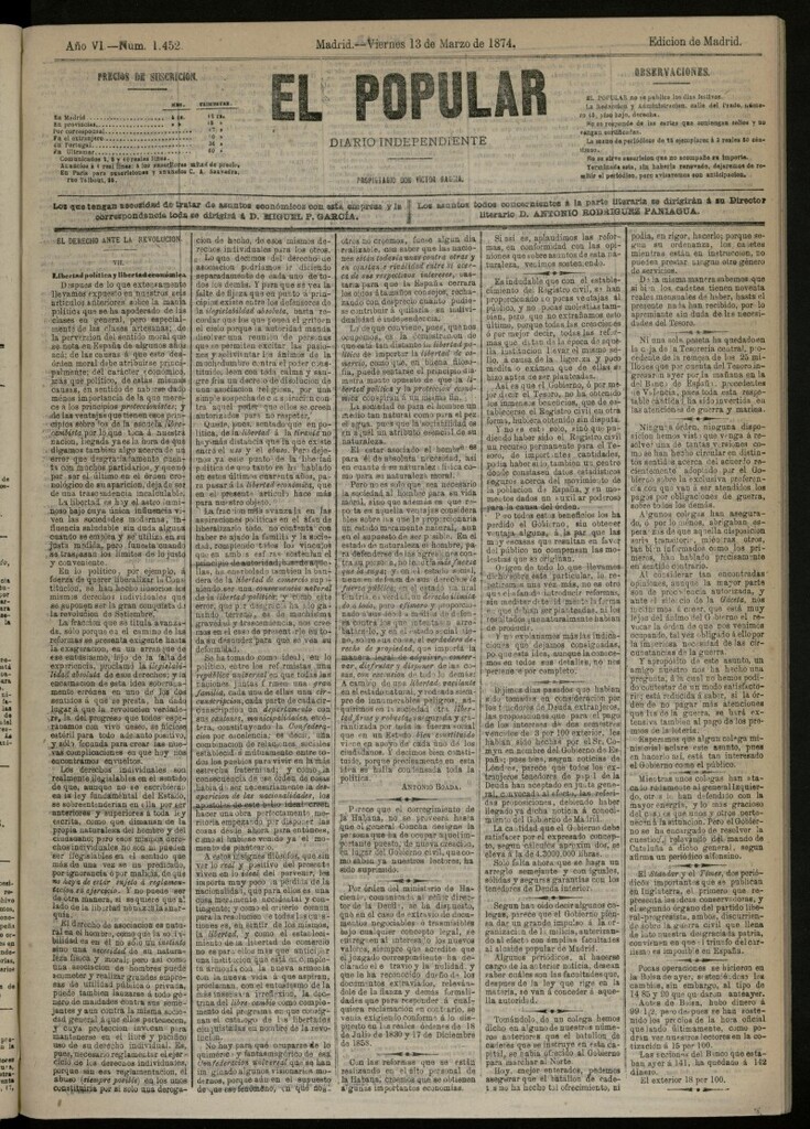 Miniatura de El Popular: diario independiente, político, literario y de noticias de interés general del 13 de marzo de 1874, nº 1452