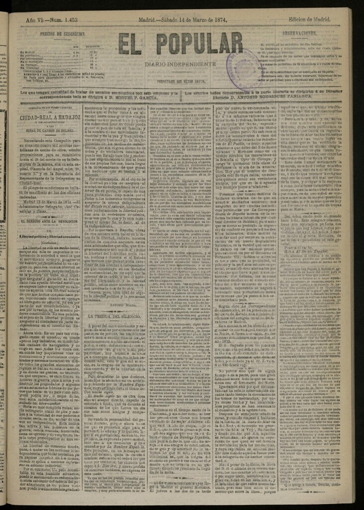 Miniatura de El Popular: diario independiente, político, literario y de noticias de interés general del 14 de marzo de 1874, nº 1453