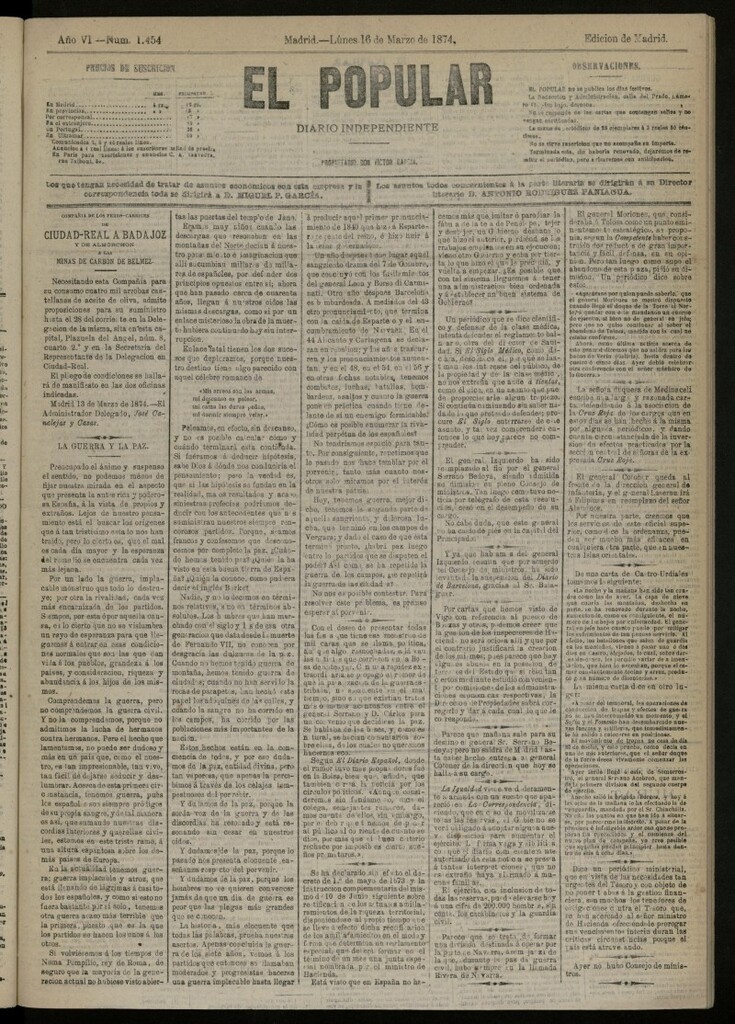 Miniatura de El Popular: diario independiente, político, literario y de noticias de interés general del 16 de marzo de 1874, nº 1454