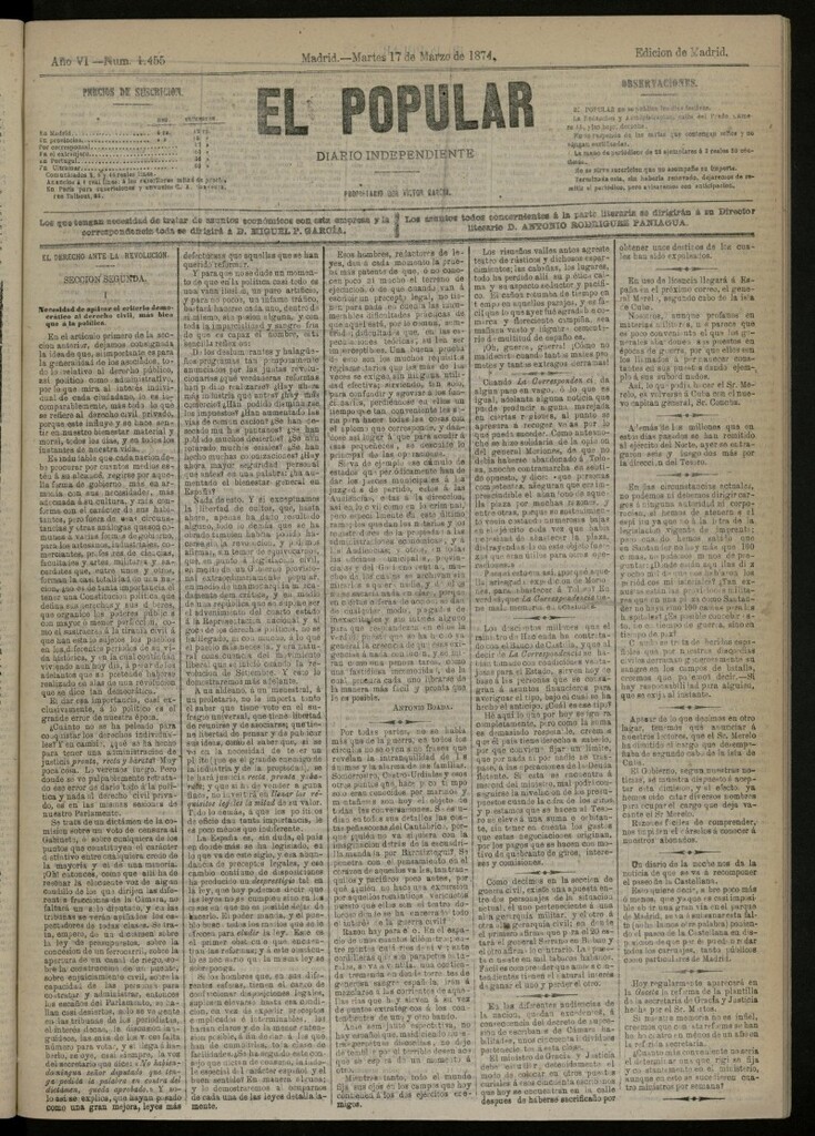 Miniatura de El Popular: diario independiente, político, literario y de noticias de interés general del 17 de marzo de 1874, nº 1455