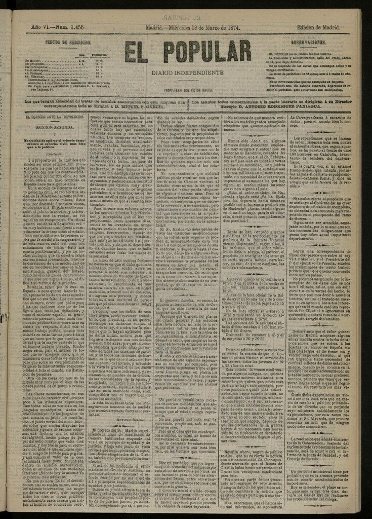 Miniatura de El Popular: diario independiente, político, literario y de noticias de interés general del 18 de marzo de 1874, nº 1456