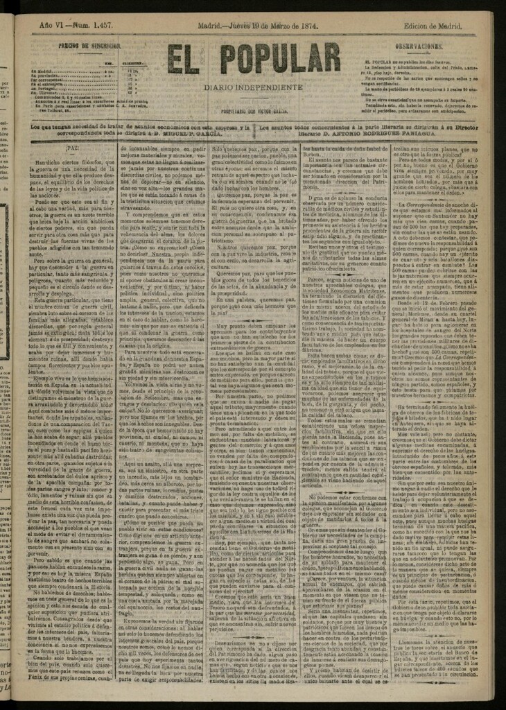 Miniatura de El Popular: diario independiente, político, literario y de noticias de interés general del 19 de marzo de 1874, nº 1457