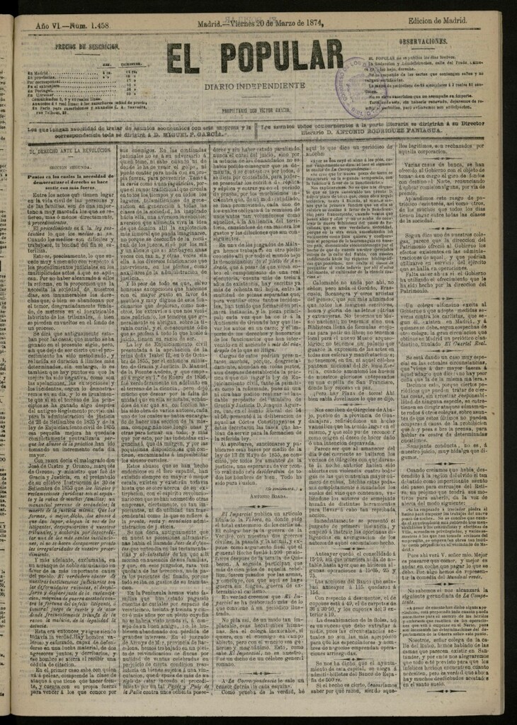 Miniatura de El Popular: diario independiente, político, literario y de noticias de interés general del 20 de marzo de 1874, nº 1458