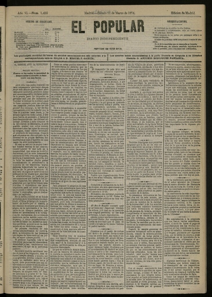Miniatura de El Popular: diario independiente, político, literario y de noticias de interés general del 21 de marzo de 1874, nº 1459