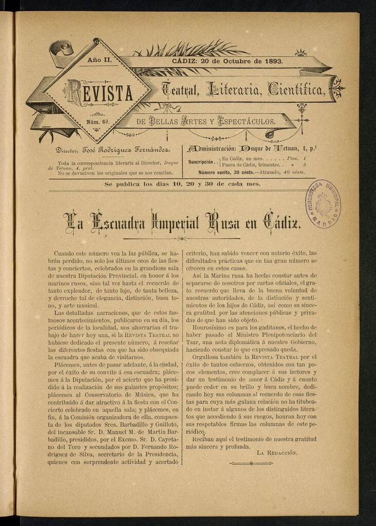Miniatura de Revista Teatral, Literaria, Científica, de Bellas Artes y Espectáculos. Nº 69