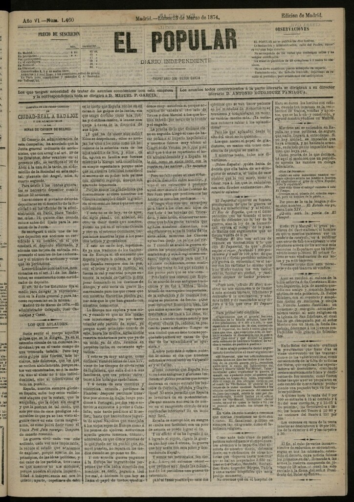 Miniatura de El Popular: diario independiente, político, literario y de noticias de interés general del 23 de marzo de 1874, nº 1460