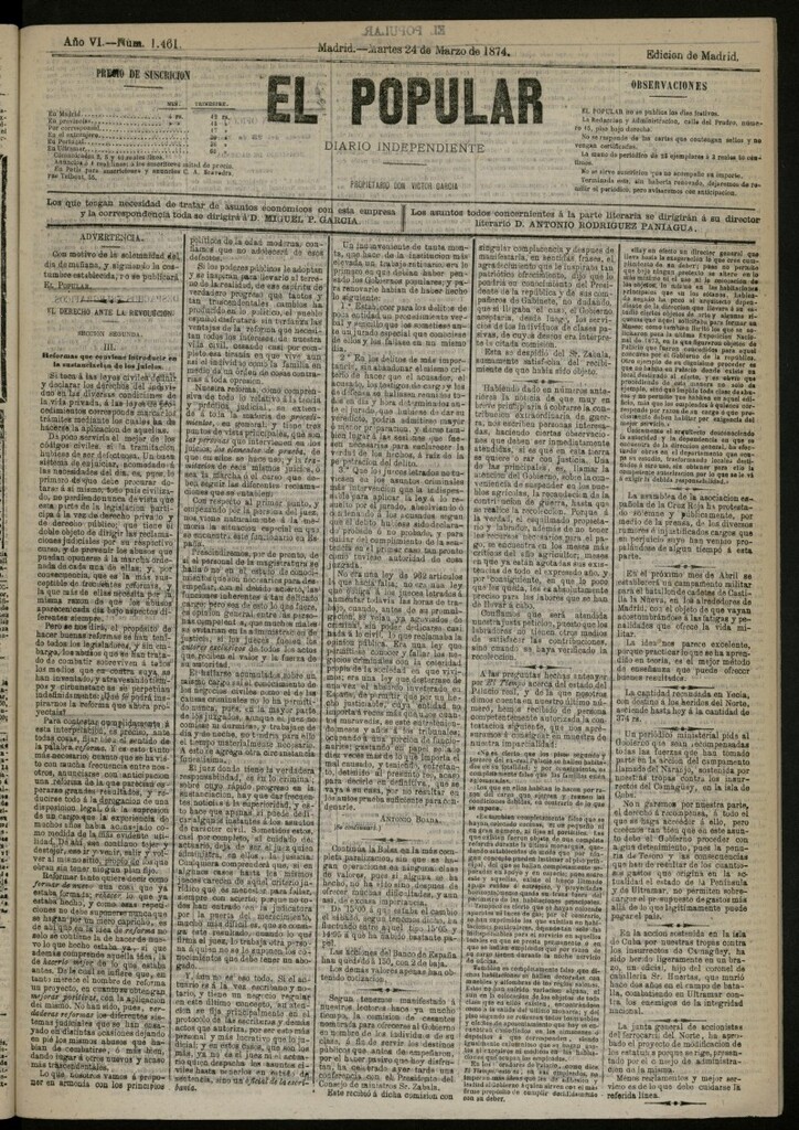 Miniatura de El Popular: diario independiente, político, literario y de noticias de interés general del 24 de marzo de 1874, nº 1461