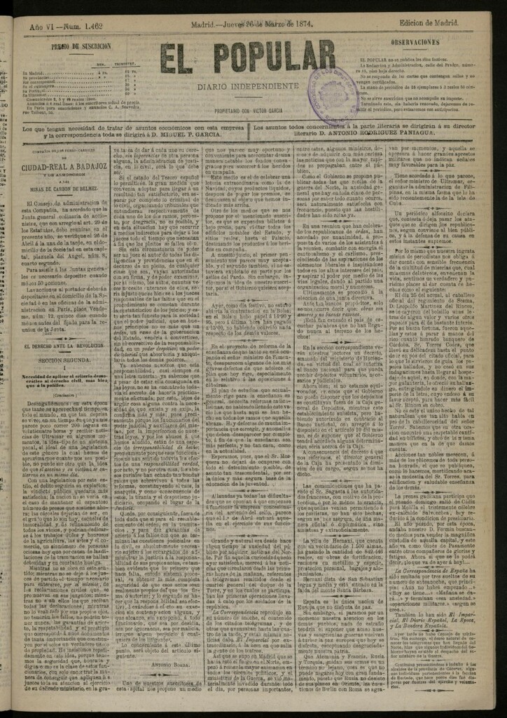 Miniatura de El Popular: diario independiente, político, literario y de noticias de interés general del 26 de marzo de 1874, nº 1462