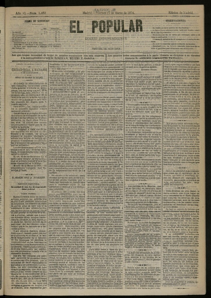 Miniatura de El Popular: diario independiente, político, literario y de noticias de interés general del 27 de marzo de 1874, nº 1463