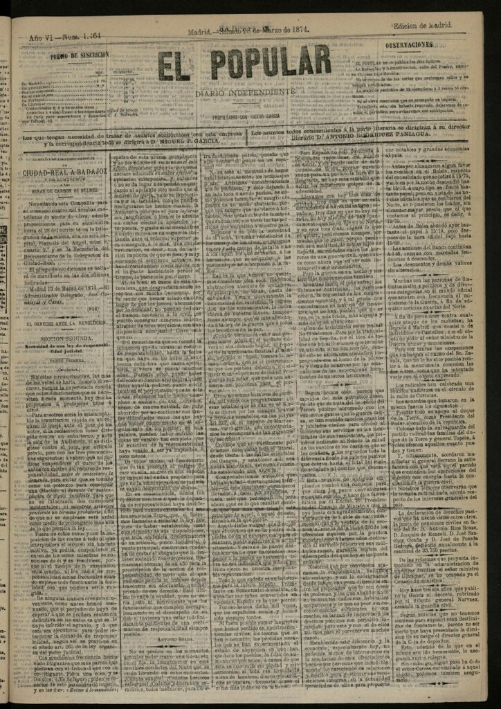 Miniatura de El Popular: diario independiente, político, literario y de noticias de interés general del 28 de marzo de 1874, nº 1464