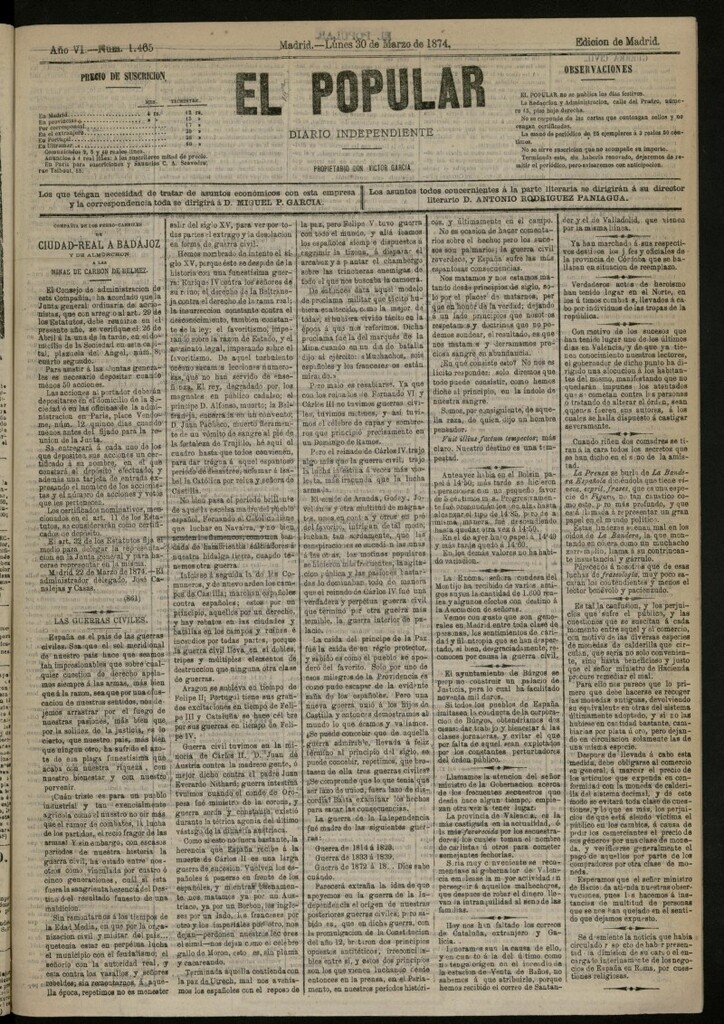 Miniatura de El Popular: diario independiente, político, literario y de noticias de interés general del 30 de marzo de 1874, nº 1465