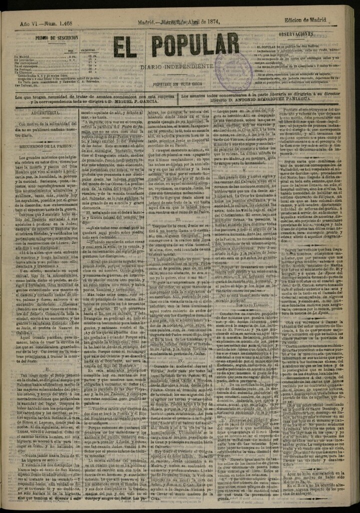 Miniatura de El Popular: diario independiente, político, literario y de noticias de interés general del 2 de abril de 1874, nº 1468