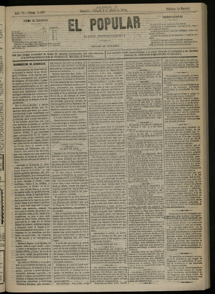 Miniatura de El Popular: diario independiente, político, literario y de noticias de interés general del 4 de abril de 1874, nº 1469