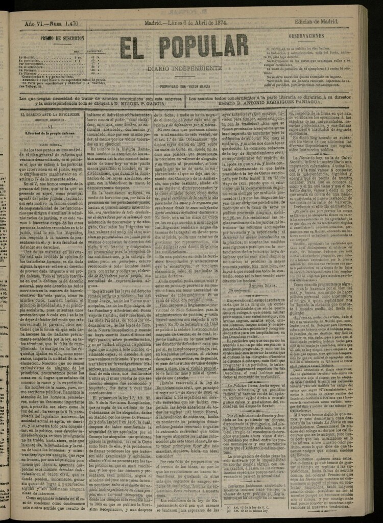 Miniatura de El Popular: diario independiente, político, literario y de noticias de interés general del 6 de abril de 1874, nº 1470