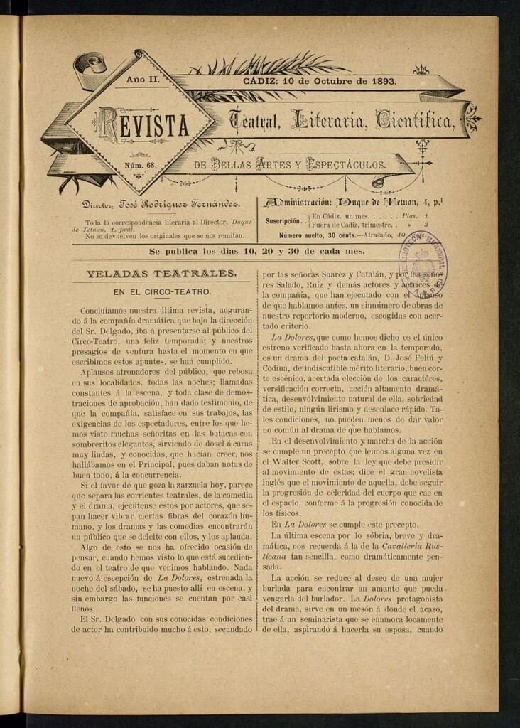 Miniatura de Revista Teatral, Literaria, Científica, de Bellas Artes y Espectáculos. Nº 68