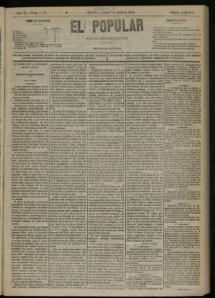 Miniatura de El Popular: diario independiente, político, literario y de noticias de interés general del 7 de abril de 1874, nº 1471