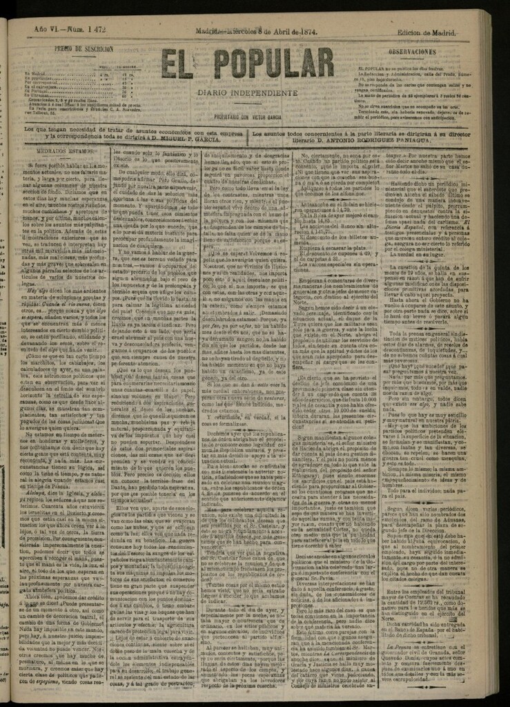 Miniatura de El Popular: diario independiente, político, literario y de noticias de interés general del 8 de abril de 1874, nº 1472