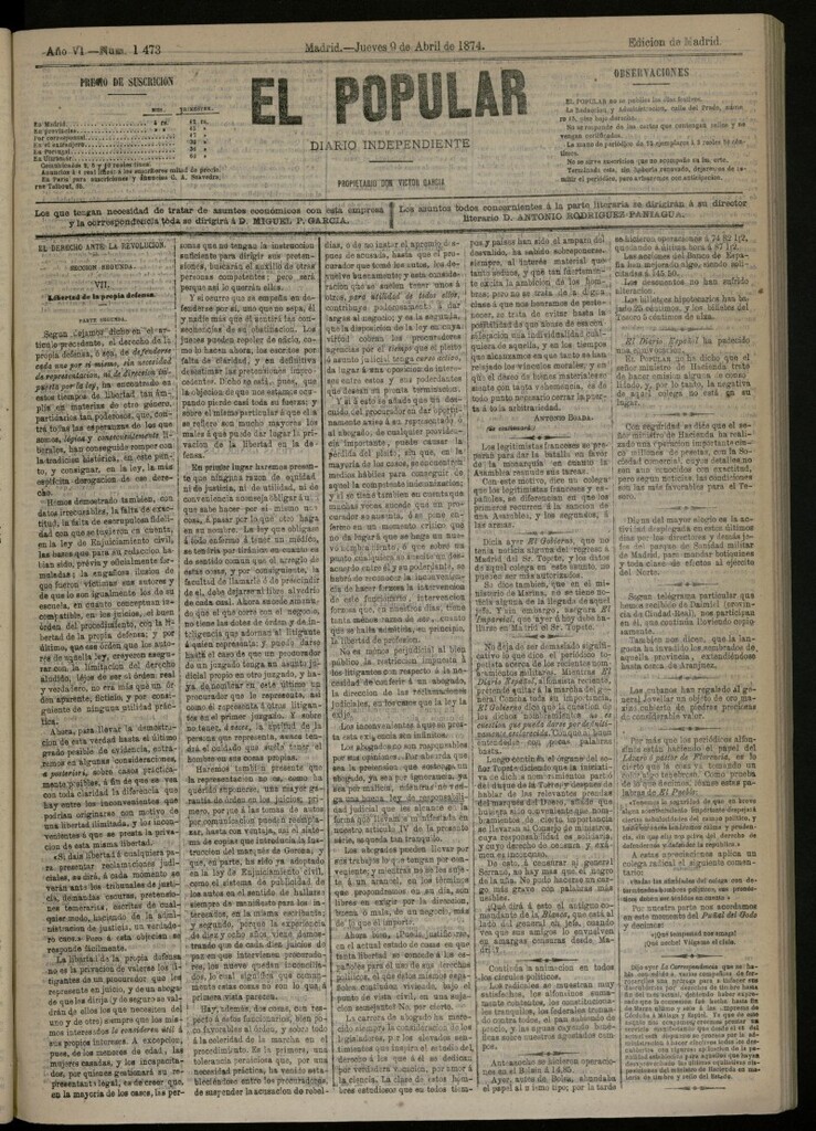 Miniatura de El Popular: diario independiente, político, literario y de noticias de interés general del 9 de abril de 1874, nº 1473