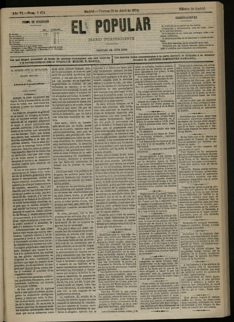 Miniatura de El Popular: diario independiente, político, literario y de noticias de interés general del 10 de abril de 1874, nº 1474