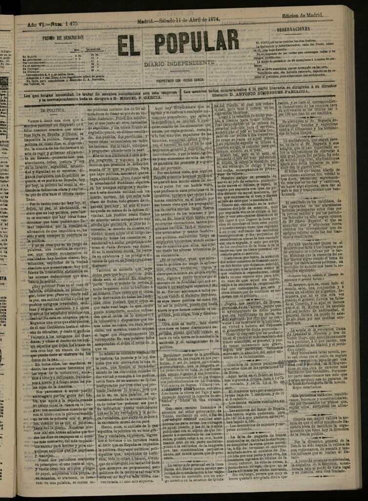 Miniatura de El Popular: diario independiente, político, literario y de noticias de interés general del 11 de abril de 1874, nº 1475