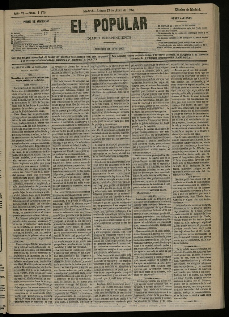 Miniatura de El Popular: diario independiente, político, literario y de noticias de interés general del 13 de abril de 1874, nº 1476