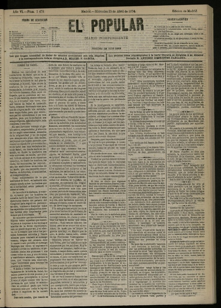 Miniatura de El Popular: diario independiente, político, literario y de noticias de interés general del 15 de abril de 1874, nº 1478