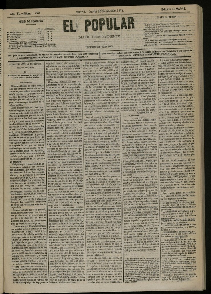 Miniatura de El Popular: diario independiente, político, literario y de noticias de interés general del 16 de abril de 1874, nº 1479
