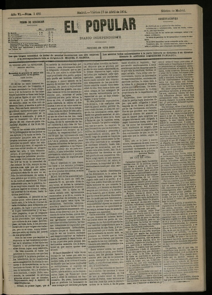 Miniatura de El Popular: diario independiente, político, literario y de noticias de interés general del 17 de abril de 1874, nº 1480