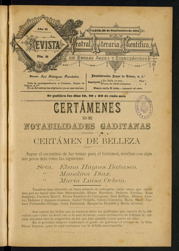 Miniatura de Revista Teatral, Literaria, Científica, de Bellas Artes y Espectáculos. Nº 66