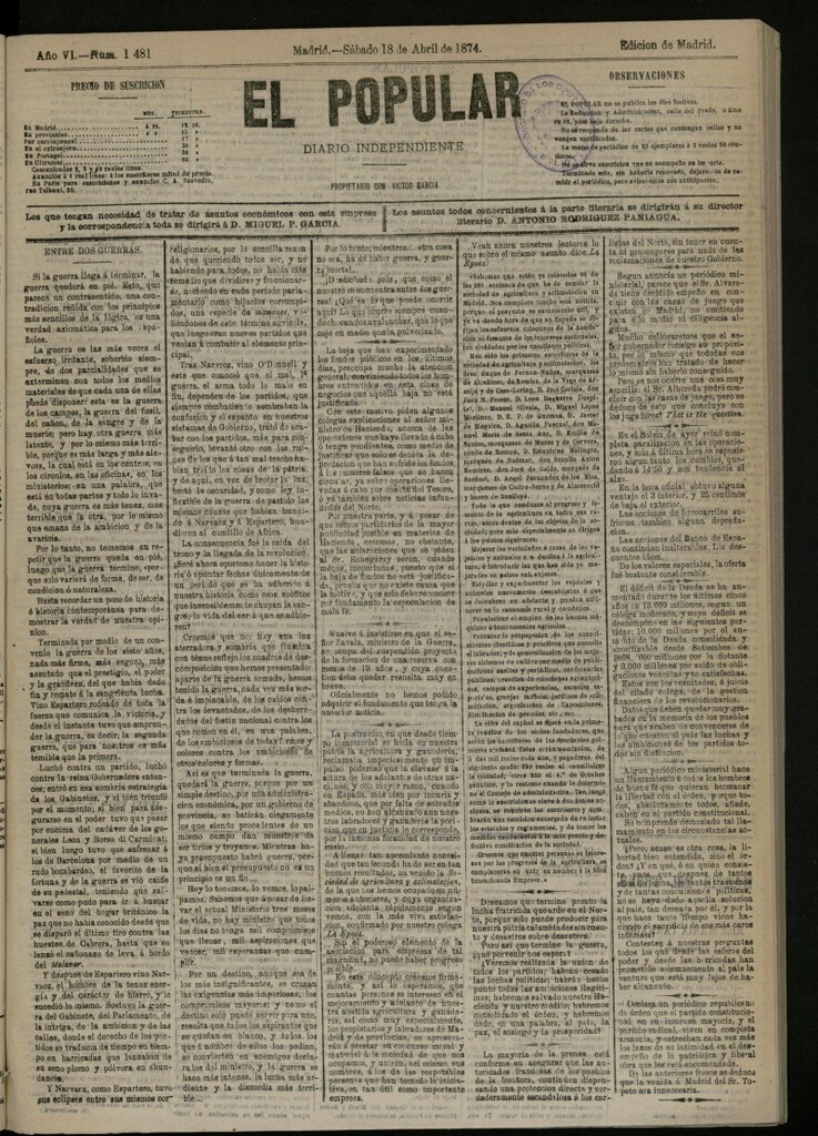 Miniatura de El Popular: diario independiente, político, literario y de noticias de interés general del 18 de abril de 1874, nº 1481