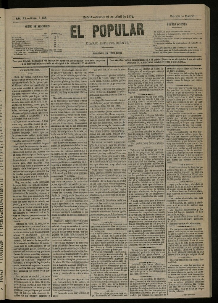 Miniatura de El Popular: diario independiente, político, literario y de noticias de interés general del 21 de abril de 1874, nº 1483