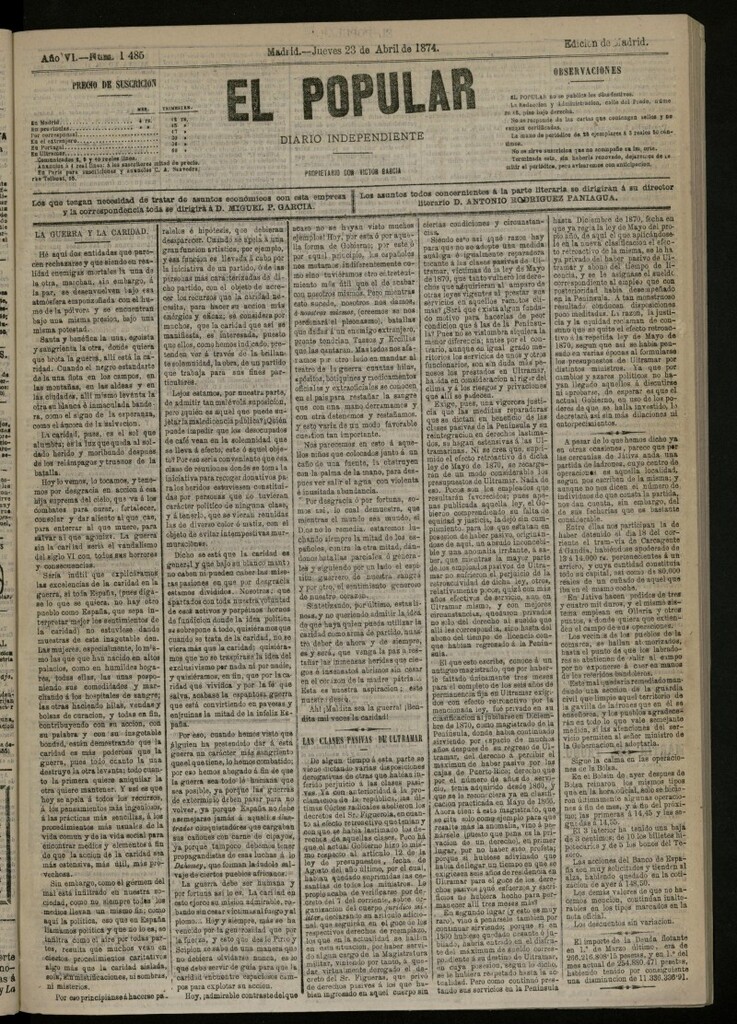 Miniatura de El Popular: diario independiente, político, literario y de noticias de interés general del 23 de abril de 1874, nº 1485