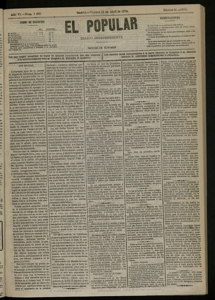 Miniatura de El Popular: diario independiente, político, literario y de noticias de interés general del 24 de abril de 1874, nº 1486