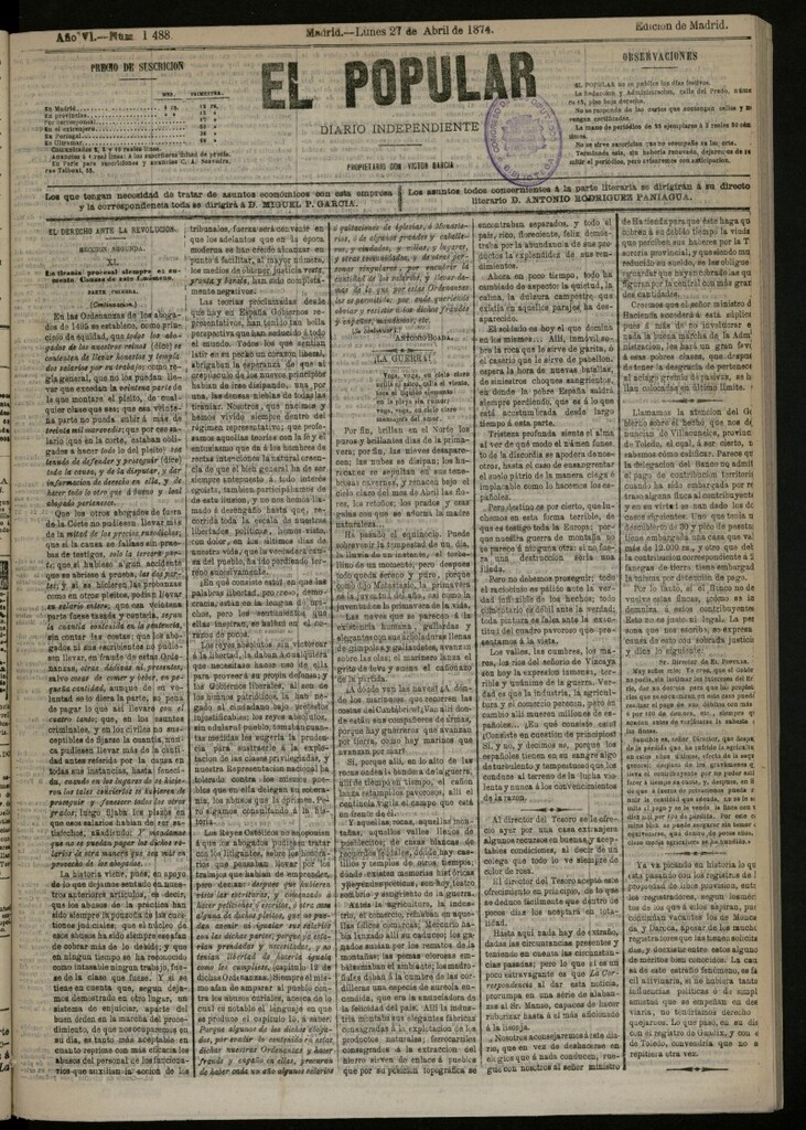 Miniatura de El Popular: diario independiente, político, literario y de noticias de interés general del 27 de abril de 1874, nº 1488