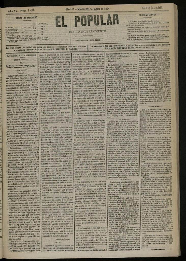 Miniatura de El Popular: diario independiente, político, literario y de noticias de interés general del 28 de abril de 1874, nº 1489