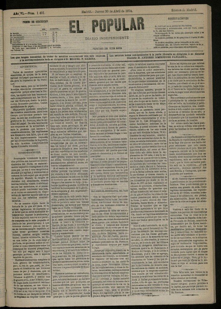 Miniatura de El Popular: diario independiente, político, literario y de noticias de interés general del 30 de abril de 1874, nº 1491