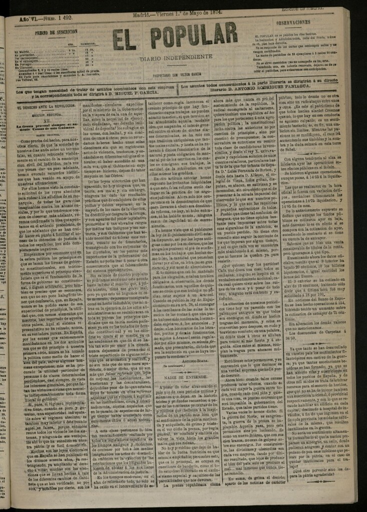 Miniatura de El Popular: diario independiente, político, literario y de noticias de interés general del 1 de mayo de 1874, nº 1492