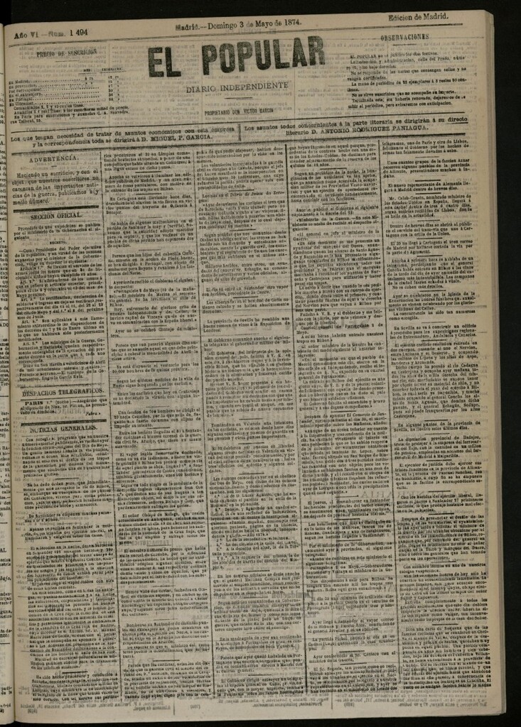 Miniatura de El Popular: diario independiente, político, literario y de noticias de interés general del 3 de mayo de 1874, nº 1494