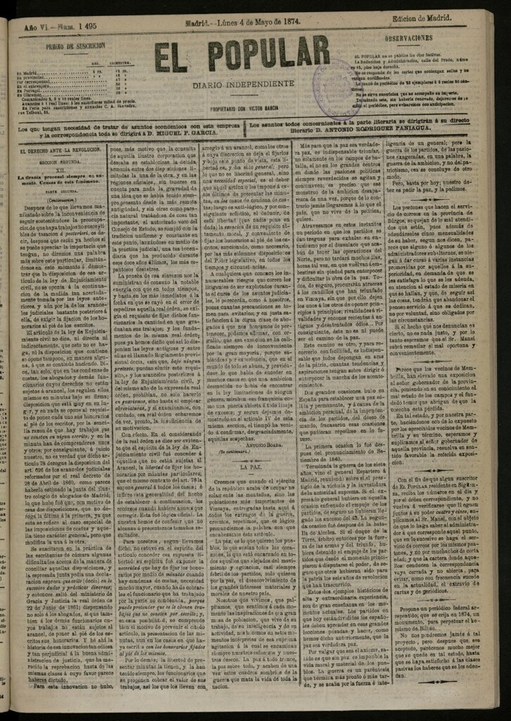 Miniatura de El Popular: diario independiente, político, literario y de noticias de interés general del 4 de mayo de 1874, nº 1495